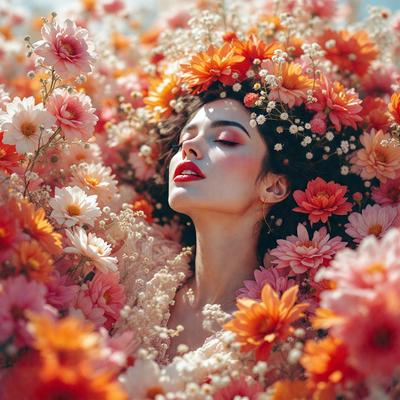 The primary subject of the image is a woman lying down in a field of flowers. The setting is a beautiful garden with a variety of flowers surrounding her. The visual style of the image is a combination of photo and digital art, creating a vibrant and lively atmosphere. The dominant colors in the image are pink and orange, which are prevalent in the flowers and the woman's outfit. The overall mood of the image is one of serenity and natural beauty.